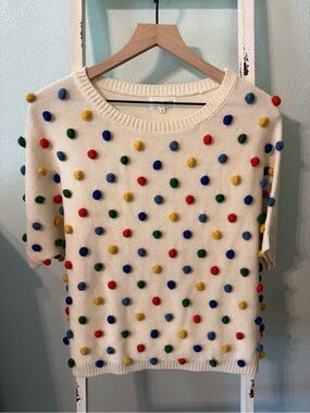 Anthropologie Pepaloves Women’s Cream Primary Pommed Short Sleeve Sweater Size S